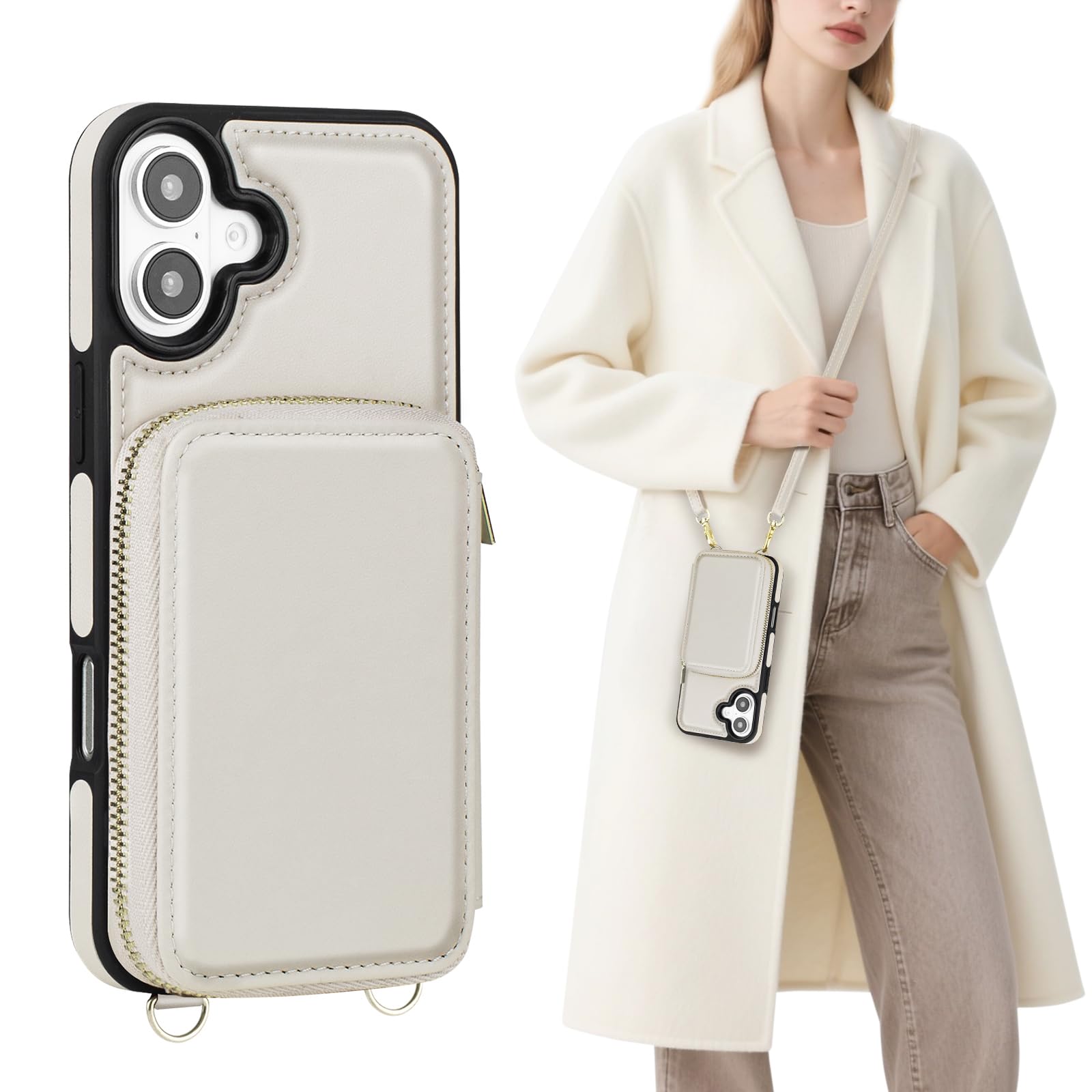 SkyEagle Compatible with iPhone 16 Wallet Case for Women【RFID Blocking】 Crossbody Phone Case PU Leather Zipper Handbag Wrist Strap Cover Credit Card Holder,for Apple 16 6.1",Beige