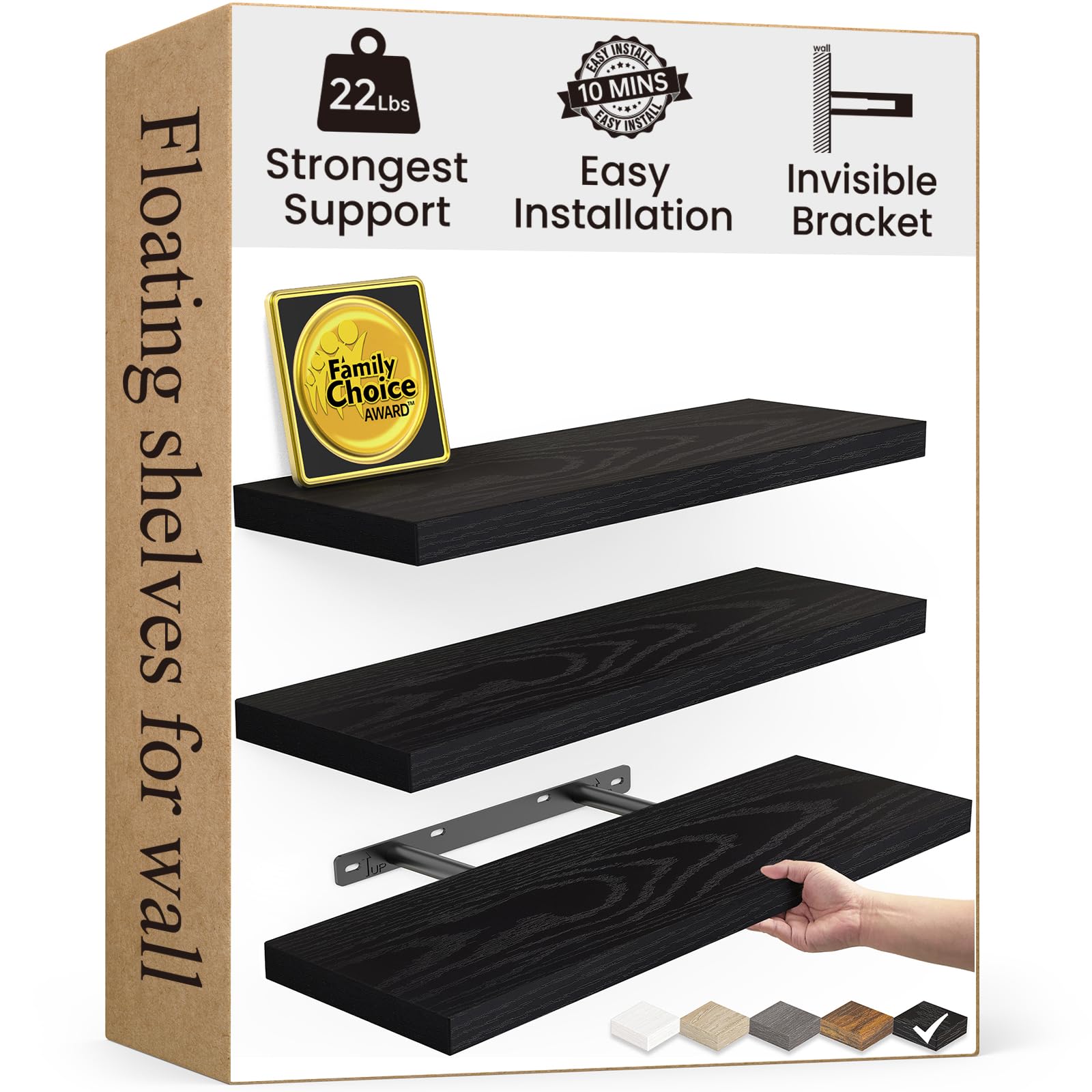 Photo 1 of BAYKA Floating Shelves for Wall, Wall Mounted Rustic Wood Shelves for Bathroom, Bedroom, Living Room, Kitchen, Hanging Shelf for Books/Storage/Room Decor with 22lbs Capacity (Black, Set of 3, 15.7in)