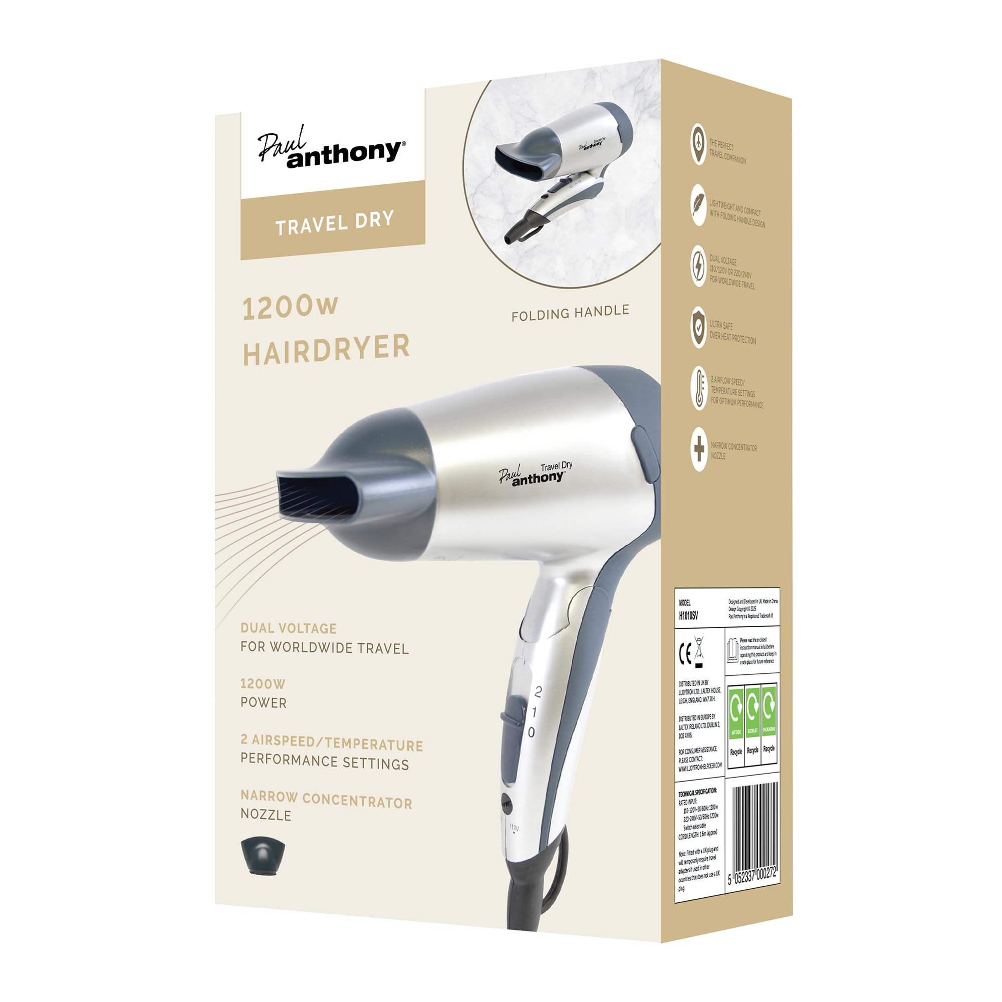 Paul Anthony Travel Dry 1200w Travel Hair Dryer / 2 Heat Settings / 2 Speed Settings/Folding Handle/Concentrator Nozzle/Safety Cut-Off/Hang up Loop/Dual Voltage 110/240v - Silver - H1010SV