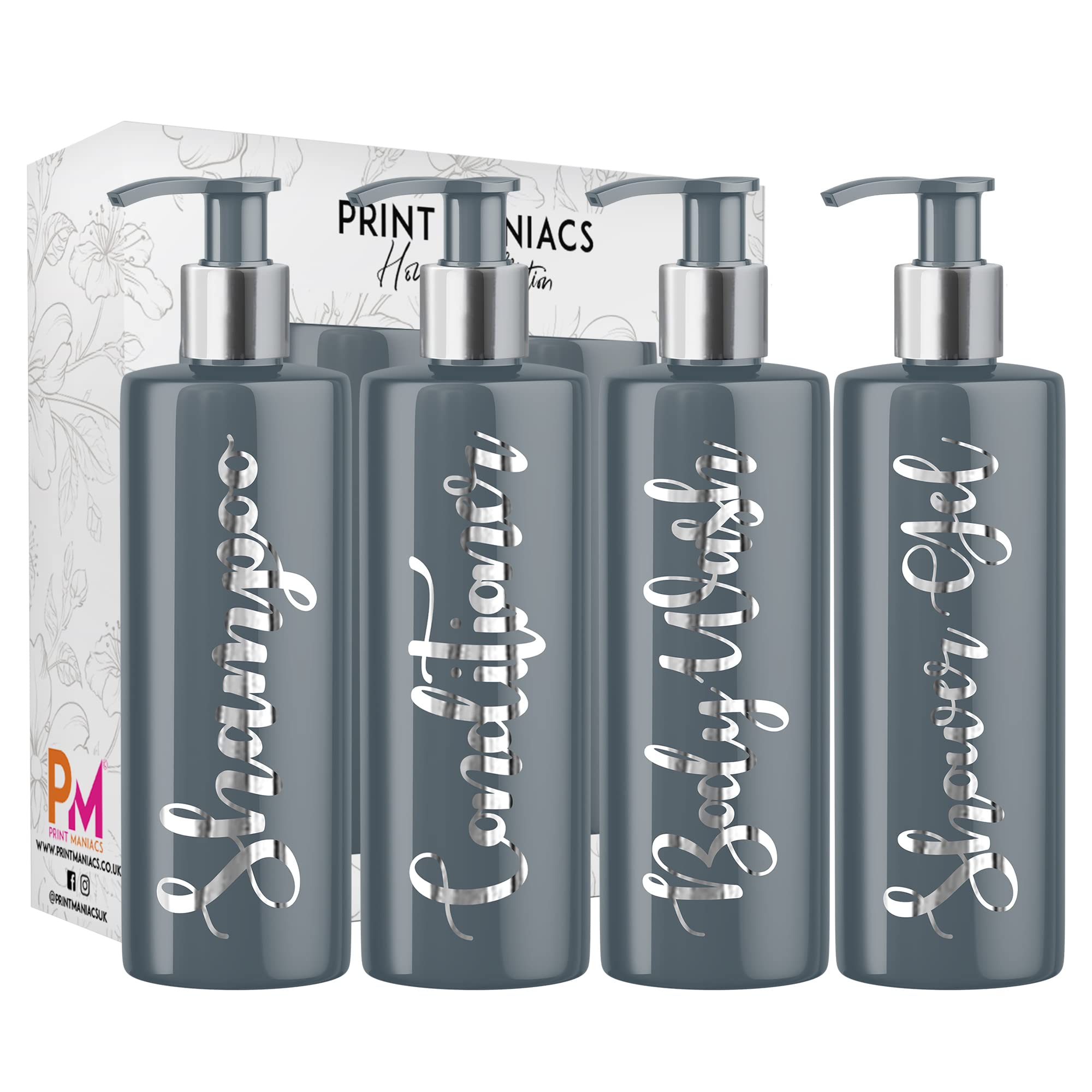 Print Maniacs Grey Mrs Hinch Inspired Personalised 500ml Pump Bottles Bathroom Lotion Kitchen Set Shampoo Conditioner Body Wash (Set 4 Shower Gel)) (Silver)