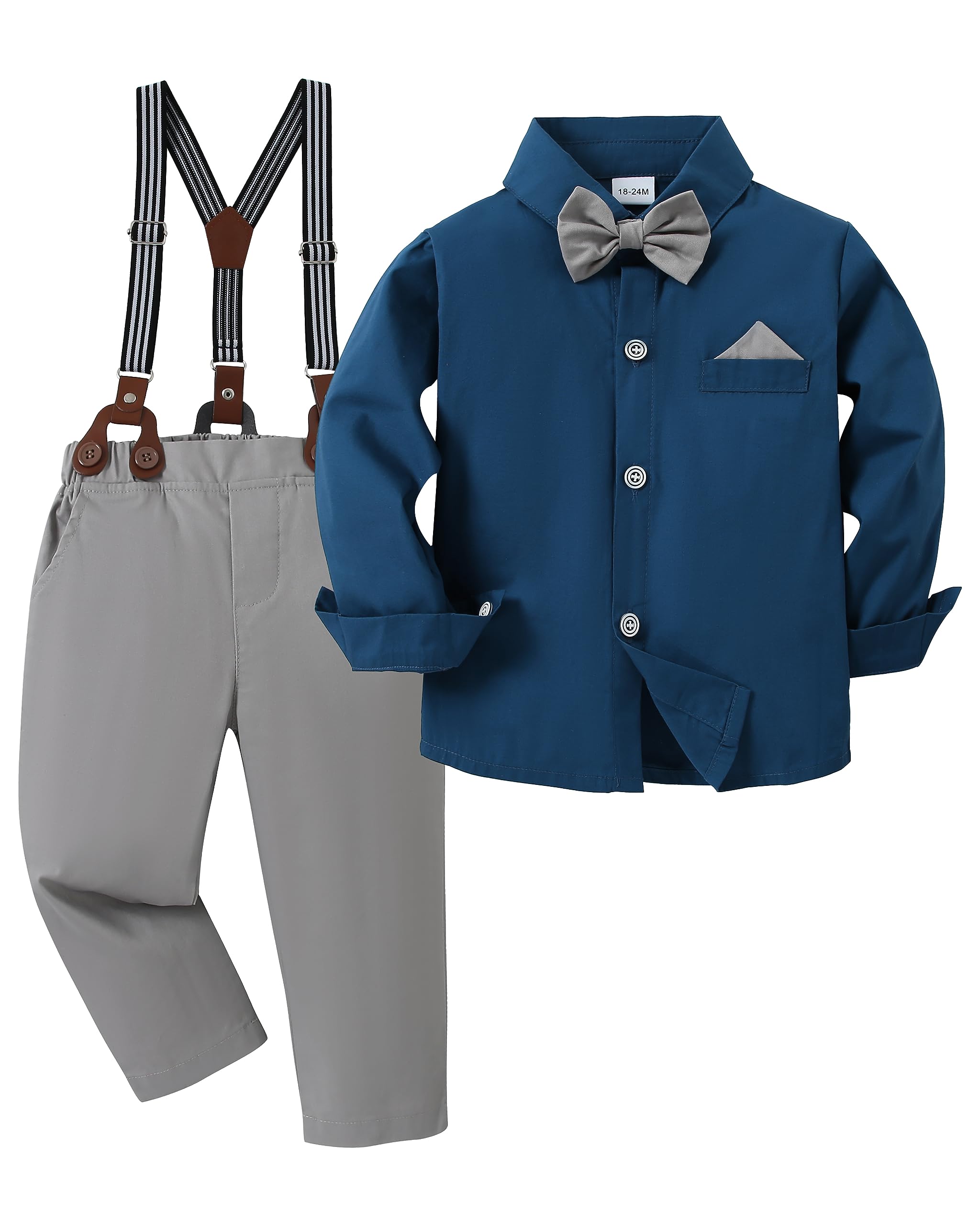 Photo 1 of DISAUR Boys Church Outfit Long Sleeve Dark Blue Grey Dress Shirt Bow Tie Suspender Pants Toddler Formal Outfit Boy 2t 3t 2-3t
