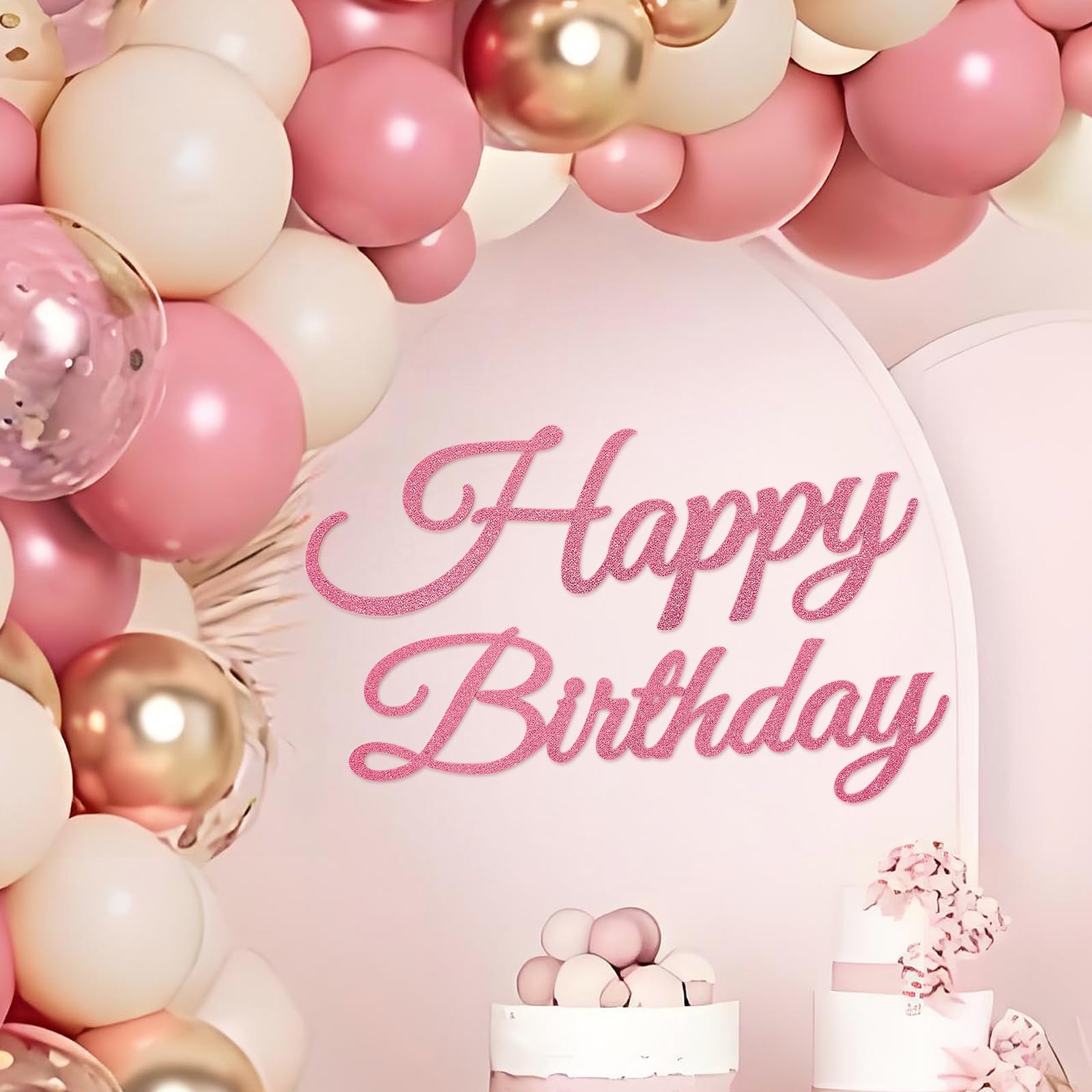 Photo 1 of MASTRON Happy Birthday Sign for Backdrop - Glitter Pink 'Happy Birthday' Party Banner Stickers for Balloon Arch Wall Decor Photo Backgrounds