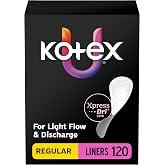 Kotex Flat Liners, Light Absorbency, Regular Length, 120 Count | Xpress Dri Core, Sweat &amp; Discharge Protection, Made Without Fragrance, Elemental Chlorine Free, Feel Clean and Fresh-