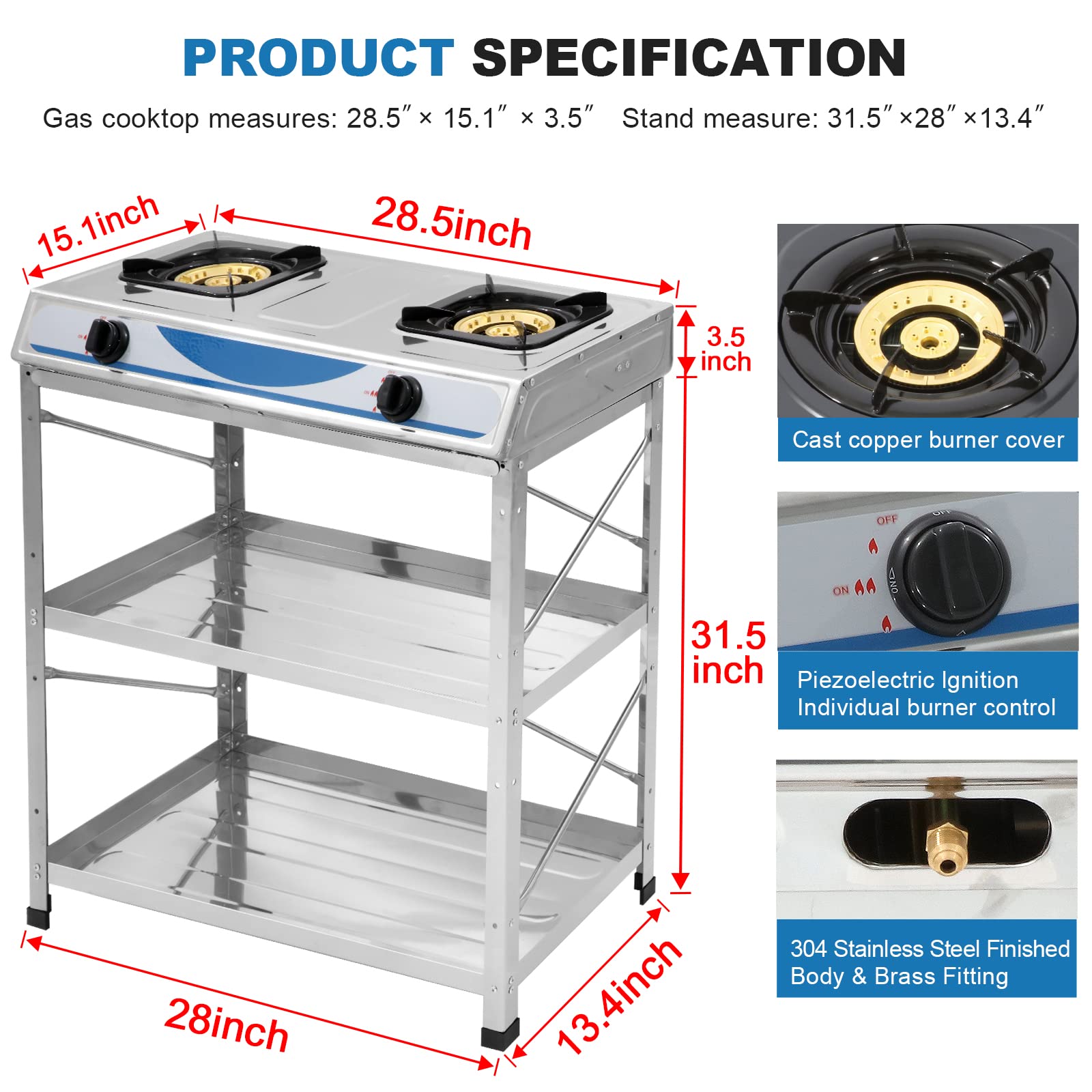 Propane Gas Stove 2 Burner Gas Stove with Removable Leg Stand Portable Gas Stove Auto Ignition Camping Dual Burner LPG for RV, Apartment, Outdoor