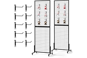 Kokorona 2-Pack 1.8' x 5.7' Grid Wall Panel Display Stand with 10 Grid Hooks, Wire Grid Wall Display Rack with Rubber Wheels, Floorstanding Art Display Panels for Art Craft Show, Retail Display Stand