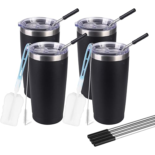 SERENCOZY 20oz Tumbler Stainless Steel Vacuum Insulated Tumbler With Lid And Straws Double Wall Travel Coffee Mugs Cup for Hot Beverage and Cold Drinks (Black, 4 Pack)