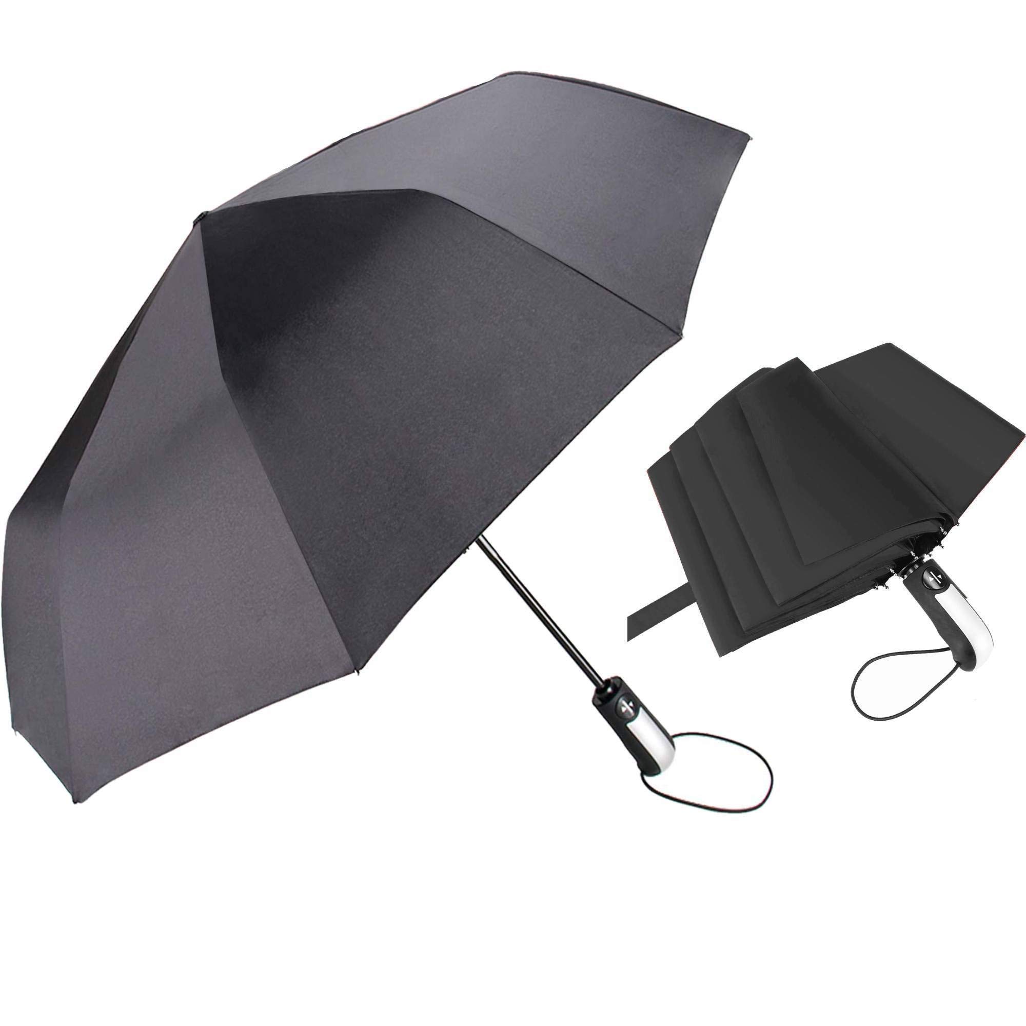 Jefs 10 Ribs Foldable Fully-Automatic Compact Travel Umbrella Windproof Reinforced Frame High Wind Resistance Outdoor Slip-Proof Handle for Easy Carry (Black)
