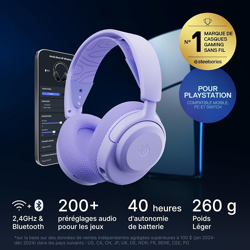 Casque Arctis Nova 3P Wireless - Appli Mobile Companion - Batterie 40h - Haut-parleurs magnétiques en néodyme - 2,4 GHz/Bluetooth - Micro détachable - PS5, PS4, PC, Switch, Mobile -Lavande