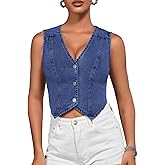 EZAPINE Women's V Neck Asymmetrical Hem Sleeveless Button Front Crop Denim Vest