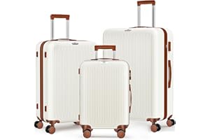 SUITOUR 3 Piece Luggage Sets Expandable, Hardshell Travel Suitcase with Double Spinner Wheels and TSA Lock (White Brown)