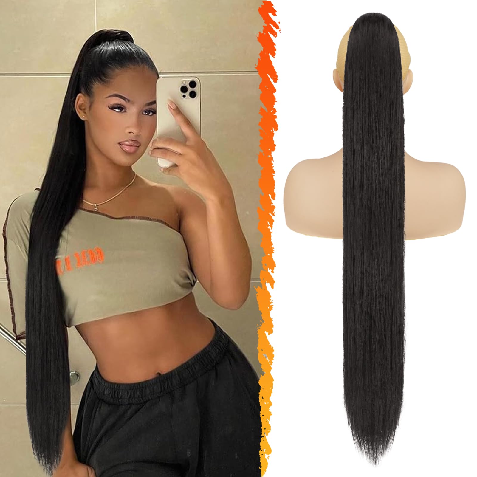 BARSDAR Long Straight Ponytail Extension, 34 Inch Drawstring Black Ponytail Hair Extensions Synthetic Fake Pony Tails Hairpieces Clip in Ponytails for Women Girls Daily Party- Natural Black