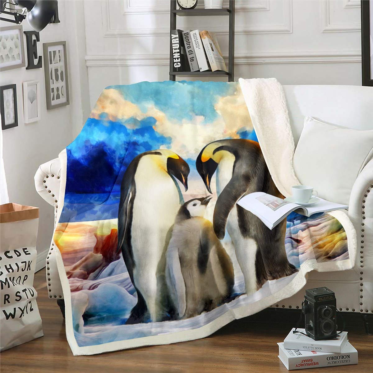 Loussiesd Penguin Sherpa Blanket Cute Polar Animal Blanket Penguin Family Fleece Blanket for Couch Travel Sofa Bedroom Decor Sea Sunset Scenery Plush Throw Blanket 50"x60"