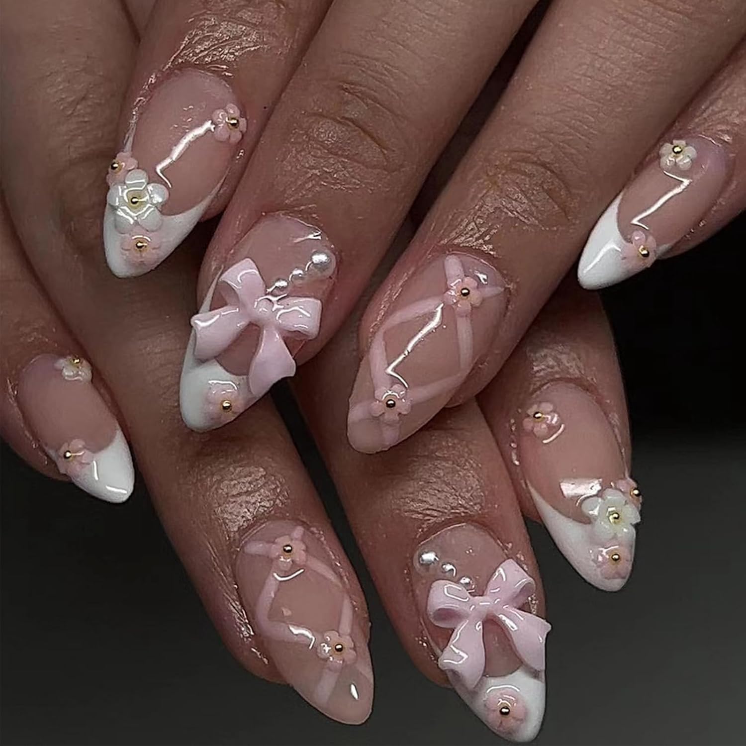 JUSTOTRY 24 Pcs White French Almond False Nails Short,Pink Press on Nails with Flower and Bow Pattern, Pretty French Oval Stick on Nail for Women Gifts,Glossy Fake Nail Medium for Nail Art