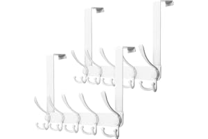 SKOLOO Over The Door Hook - for Doors up to 1-3/4'' Thickness, Pack of 2, Metal Door Hanger with 5 Triple Hooks, Over The Door Hanger for Coats, Hats,Towels, White