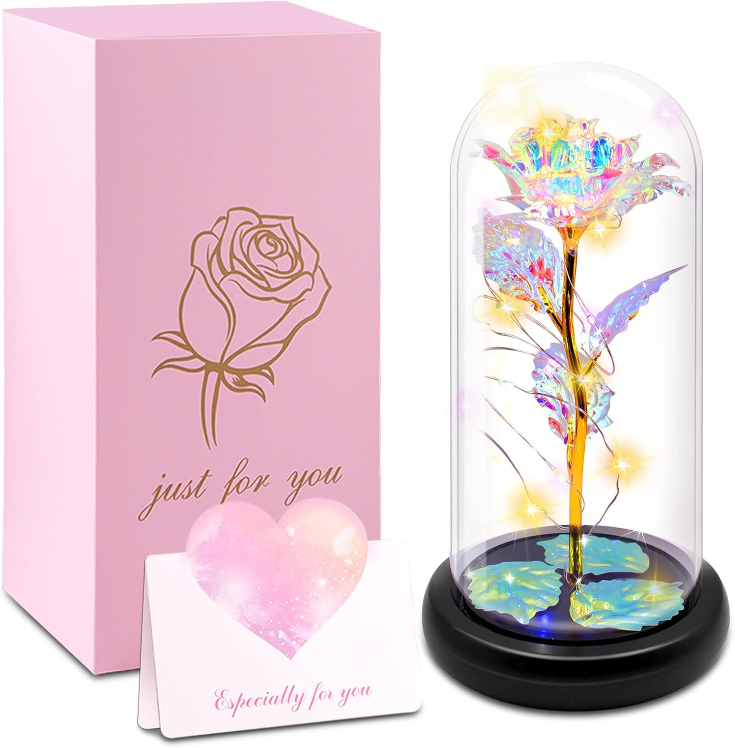 Dried & Preserved Flora - Glass Rose Gifts for Mom/Grandma/Wife, for Her with Greeting Card, Colorful Light Up Eternal Rose in A Glass Dome