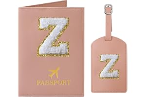 JOYRNALK Passport Holder for Travel Women Initial Passport Cover Passport Wallet Passport Case Travel Essentials Leather Passport Holder and Luggage Tags Set With Chenille Letter Patch for Travel Family Pink Z