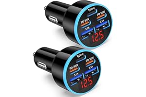 90W USB C Fast Car Charger, 2-Pack 5 Port USB C Car Phone Charger with Voltage Display, Dual PD 30W Multi Port Cigarette Ligh