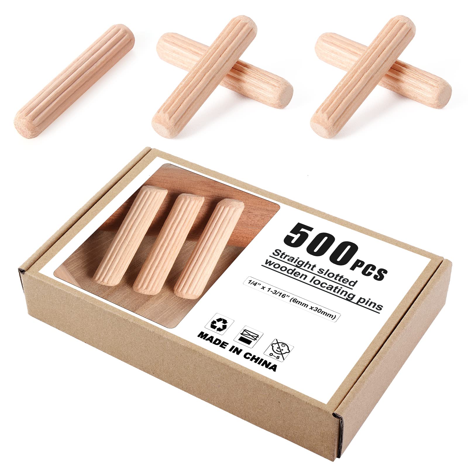 Faankiton 500 Pieces Wooden Dowel Pins 6x30mm, Straight Grooved Wooden Dowels Set with Bevelled End, Fluted Eucalyptus Hardwood Dowels, Wood Plugs for Furniture, Woodworking, and Crafting