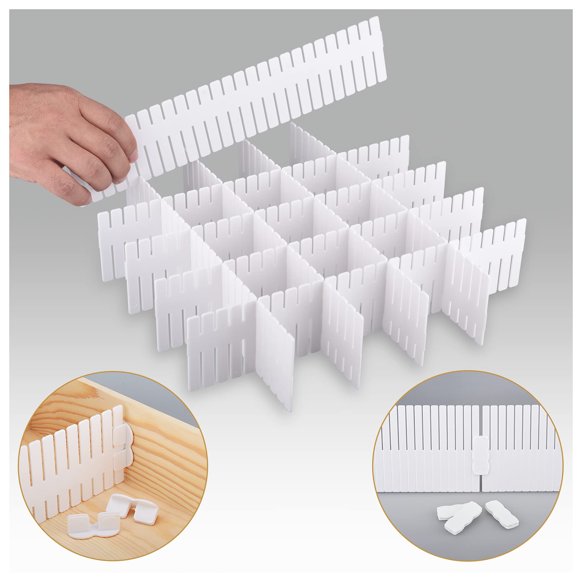 Photo 1 of Momoi 42Pcs Drawer Dividers,Adjustable Drawer Organizer with Fixed Buckle,14.9in*4.33in,Drawer Organizer for Socks, Underwear, Makeup, Kitchen, Bedroom, Dresser,White(38 * 11cm 42PCS)