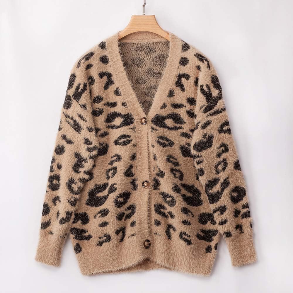 BTFBM Women Fashion Leopard Print Button Down Long Sleeve Soft Loose Knit Sweater Cardigan Coat Fall Winter Outwear at  Women’s Clothing store