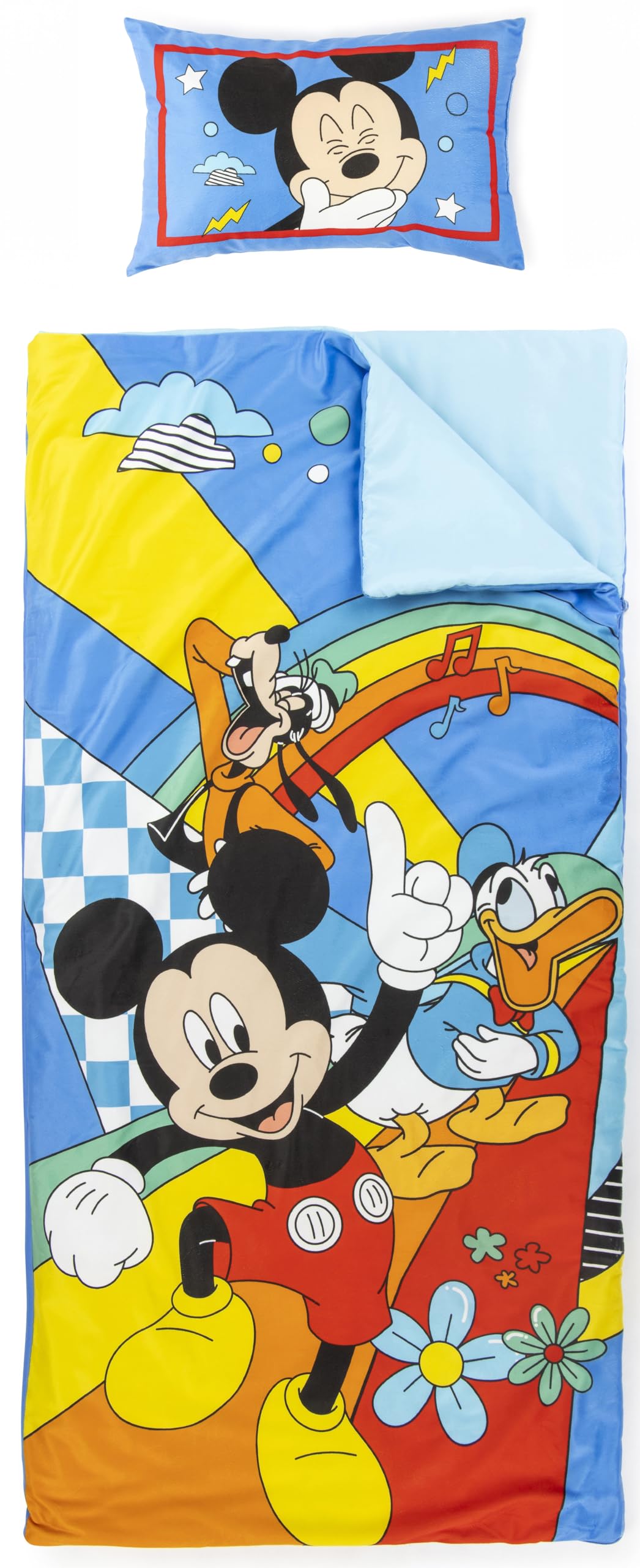 Jay Franco Disney Mickey Mouse Children’s Sleeping Bag & Pillow Set – Cosy (137 x 61 cm) Indoor Slumber Bag (43 x 28 cm) Pillow, Ideal for School Trips & Sleepovers – 2-Piece Set