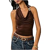 Floerns Women's Going Out Ruched Halter Tops Draped Front Metal Sleeveless Y2k Tank Top
