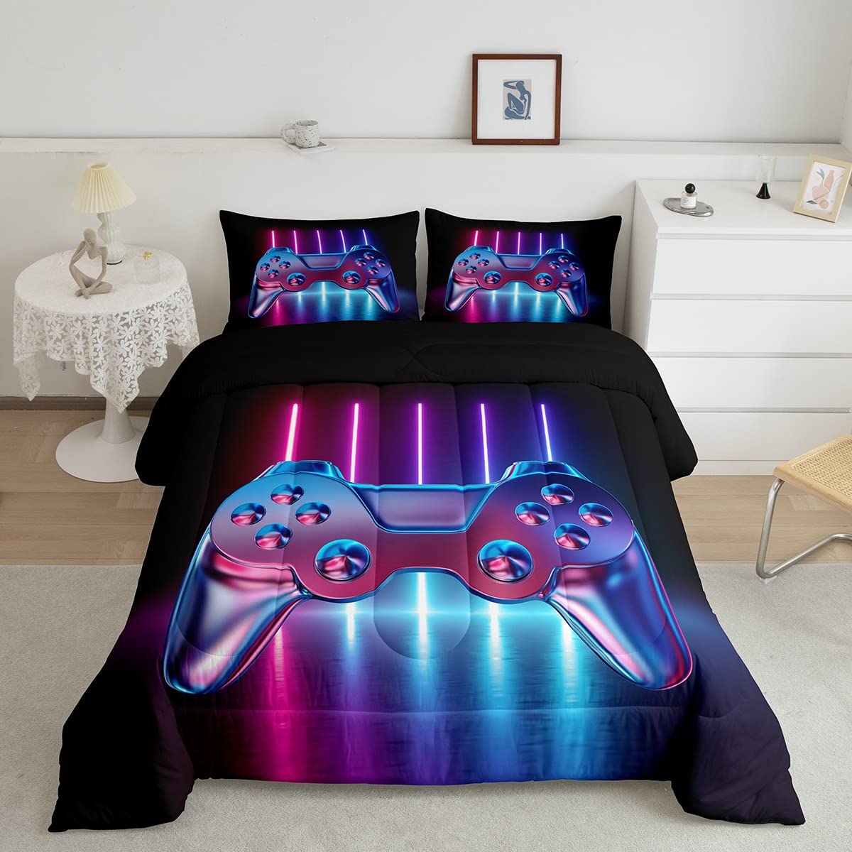 Loussiesd Games Bedding Set Teens Boys Neon Gaming Duvet Kids Single Size Gamer Home Decor Duvet Insert Video Game Controller Quilted Down Duvet 2 Piece 1 Duvet Insert with 1 Pillowcase Soft Warm