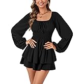 LYANER Women's Lantern Long Sleeve Romper Square Neck Smocked Waist Tie Back Ruffle Layer Mini Short Jumpsuit