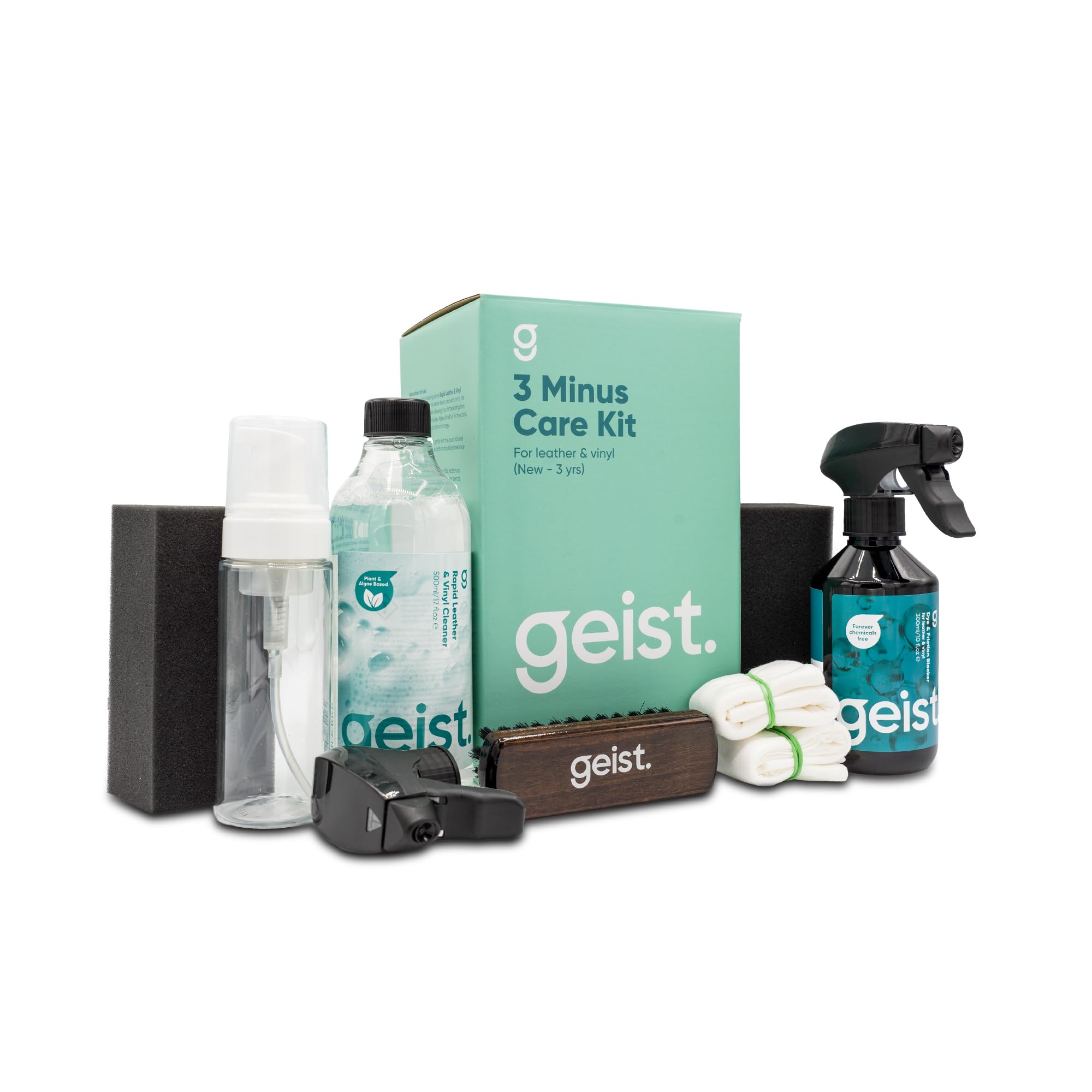 Photo 1 of Geist. 3 Minus Care Kit for Leather & Vinyl | Clean and Shield from dye Transfer & Abrasion Damage | for car Interior, Furniture, Apparel, Shoes and Bags(Only Dye & Fiction Blocker has Liquid) 