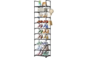 Kitsure Shoe Rack - 10-Tier Shoe Organizer with Detachable Fabric Shelves & Metal Frame, Tall Shoe Rack for Closet, Entrance, Living Room, 16.9" x 11.8" x 68.5", Black