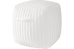 AELS Unstuffed Modern Pouf Cover for Living Room, Mid Century Modern Storage Bean Bag Cubes, Creamy White Faux Fur Plush Sripe Square Ottoman Pouf Foot Rest Footstool, 18"x18"x18", Cover ONLY