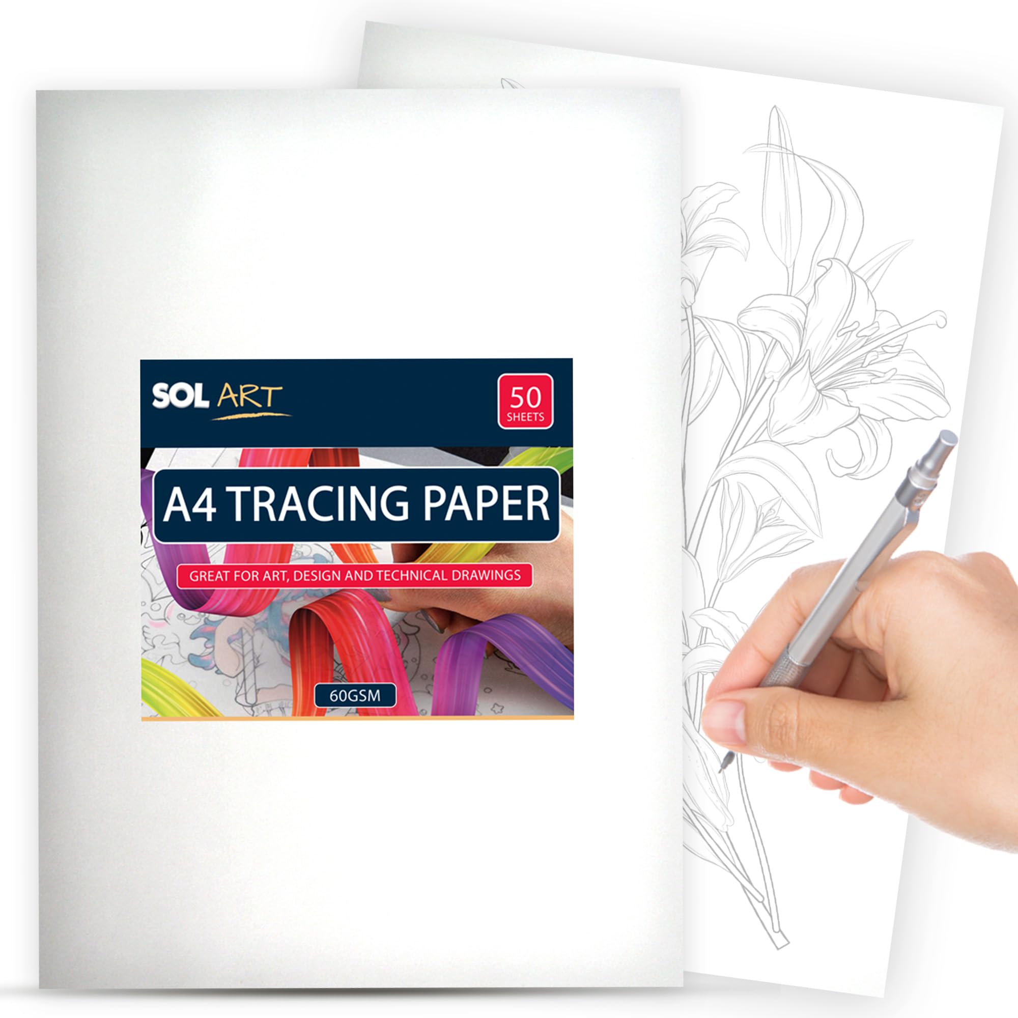 SOL 50 Sheets Tracing Paper A4 60gsm for Designs and Technical Drawings, Explore Creativity with A4 Transparent Paper for Drawing and Sketching, Dressmaking and Overlays (29.8cm x 21cm)