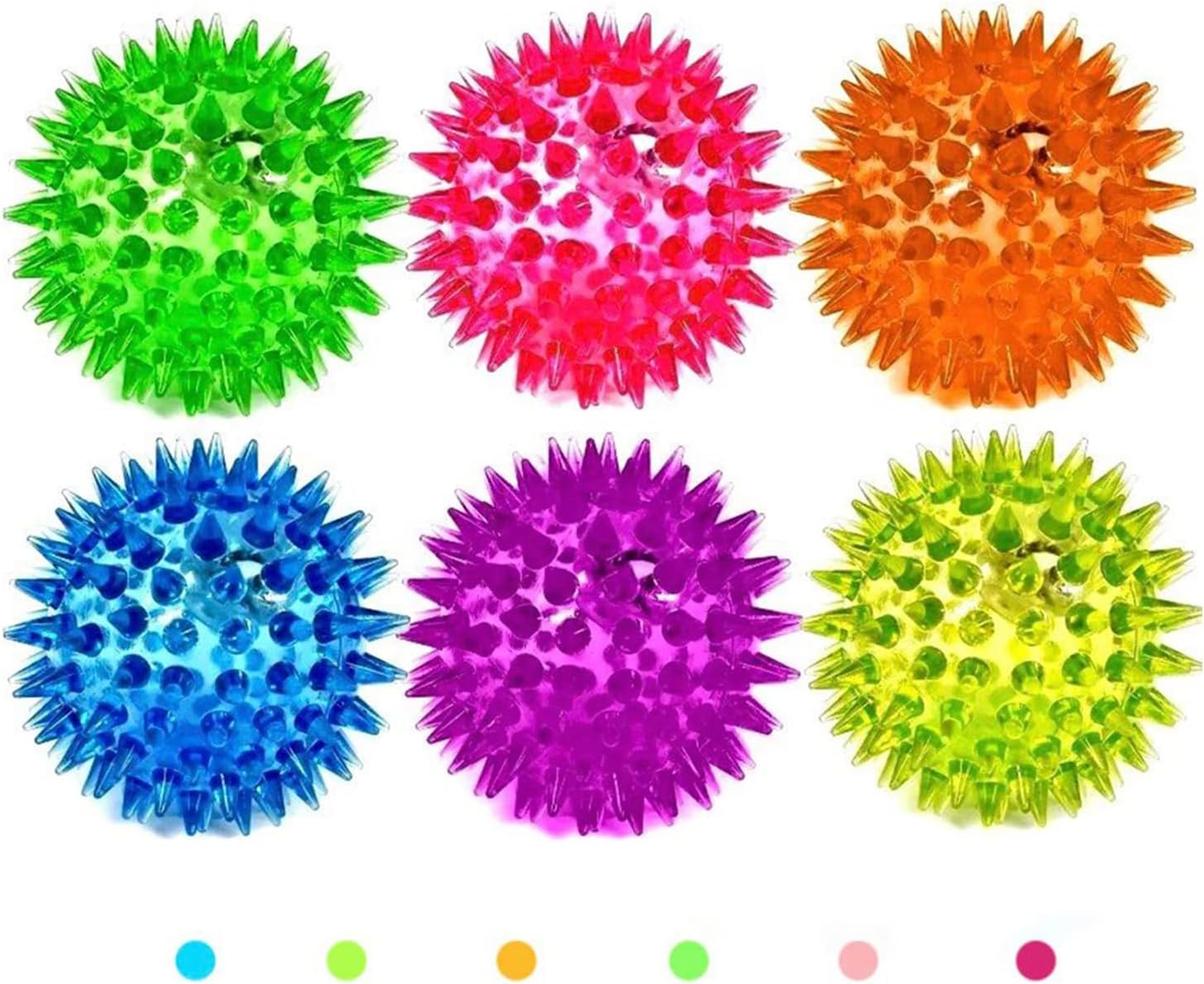 6 Spiky 7.5cm LED Flashing Bouncy Disco Balls with Light, Squishy Stress Relief Fidget Squeezy Spikey Ball Toy for OCD ADHD ADD & Autism High Anxiety Levels, Ideal Pet Toy or Baby Sensory Class
