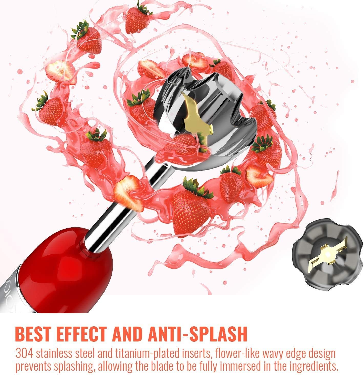 KOIOS 800W 4-in-1 Multifunctional Immersion Hand Blender, 12 Speed, 304 Stainless Steel Stick Blender, Titanium Plated Blade, 600ml Mixing Beaker, 500ml Food Processor, Whisk Attachment, BPA-Free, Red: Kitchen & Dining