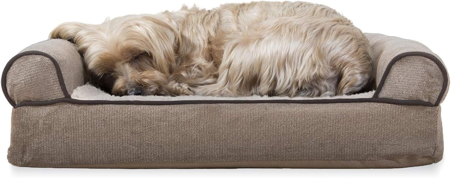 Furhaven Pet Dog Bed - Orthopedic Faux Fleece and Chenille Soft Woven Traditional Sofa-Style Living Room Couch Pet Bed with Removable Cover for Dogs and Cats, Cream, Small : Pet Supplies