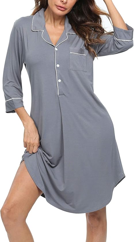 SWOMOG Women's Button Down Nightgown 3/4 Sleeve Nightshirt Pajama Top Boyfriend Sleepwear 