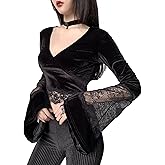 TSMNZMU Womens Gothic Velvet Crop Tops - V Neck Lace Patchwork Long Sleeve Shirt - Witch & Dark Goth Style