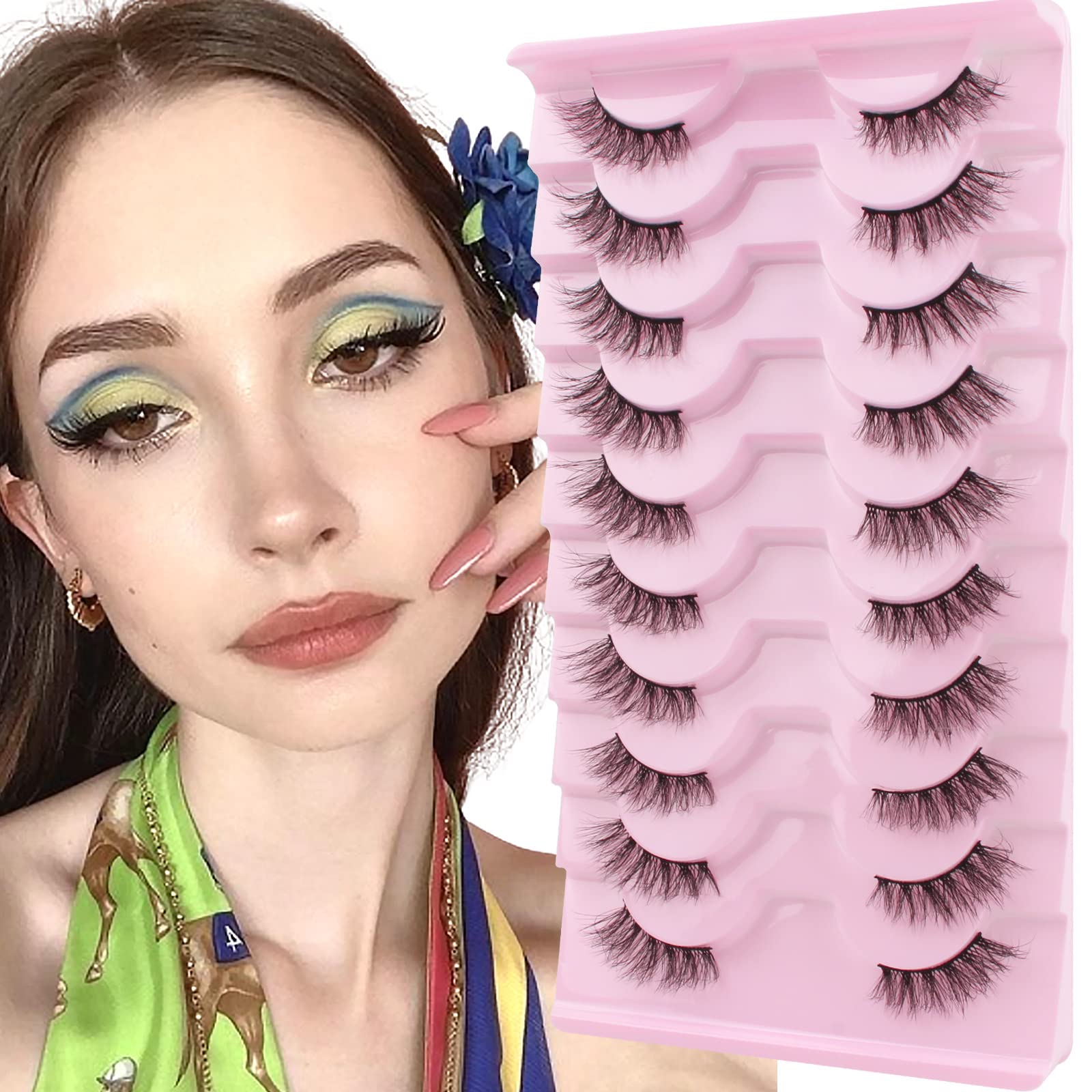 Oreola False Eyelashes Half Lashes Fluffy Cat Eye Natural Faux Mink Eyelashes Corner 3/4 Lashes Wispy Lightweight Short Reusable Fake Lashes 10 Pairs