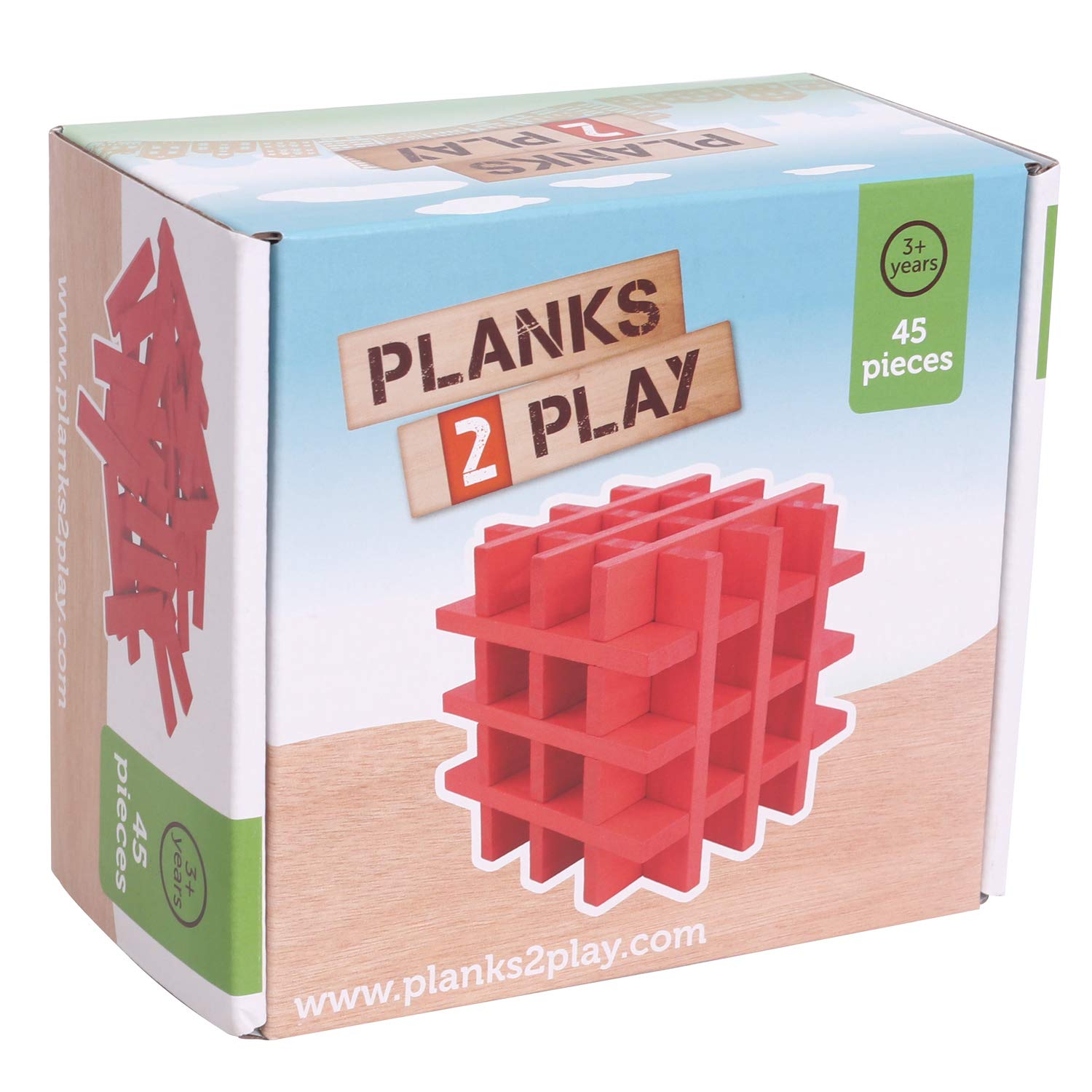 New Classic Toys Planks2Play Red Colored Wooden Building Planks 45 pieces Educational Perception Toy for Preschool Age Toddlers Boys Girls, Multi Color