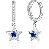 Sterling Silver Blue Cubic Zirconia Star Hoop Earrings CZ Drop Dangle Earrings Dainty Jewelry Gifts for Women Girlfriend Wife Birthday Wedding