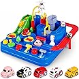 YEZI Car Adventure Toys for Kids, City Rescue Playsets Magnet Toys w/ 5 Mini Cars, Puzzle Rail Car, Preschool Educational Car Games Gift for 3 4 5 6 7 Year Old Boys Girls (Blue)