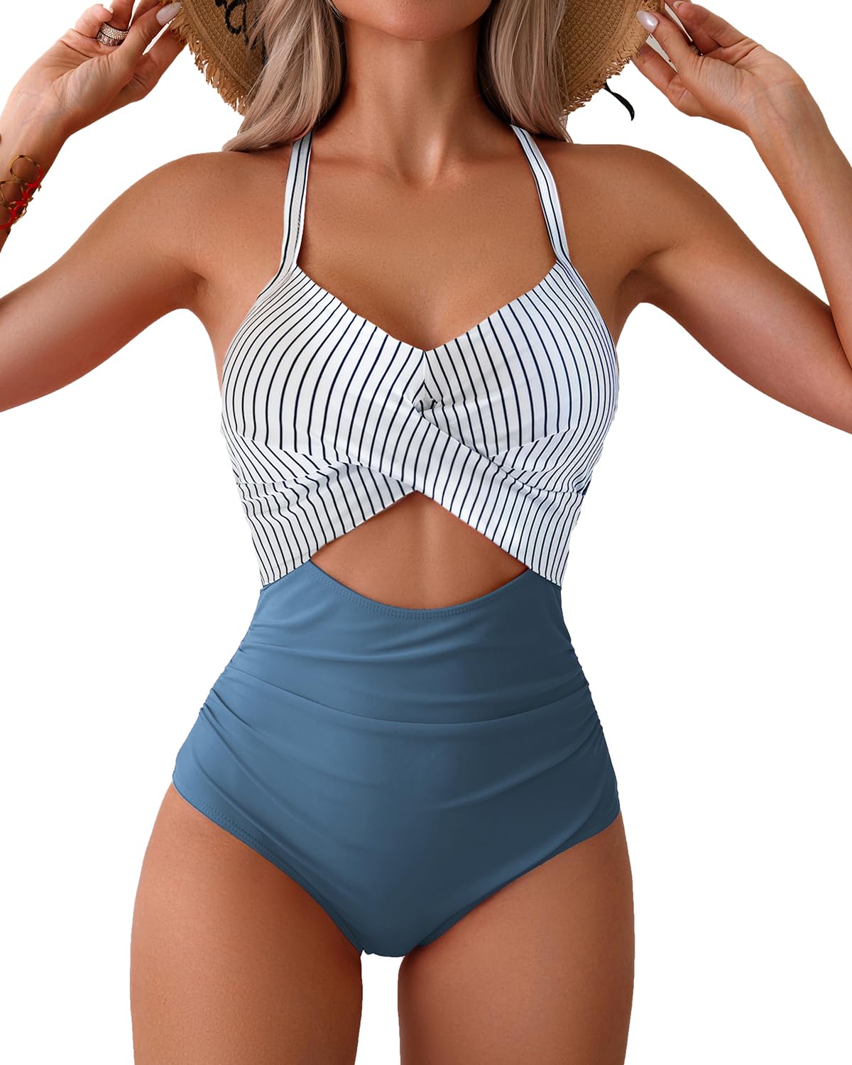 Women's One Piece Swimsuits Tummy Control High Waisted Cross Bathing Suit Wrap Tie Back 1 Piece Swimwear