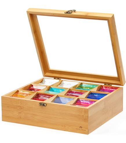 Amazon.com: CHEZ MONETT 茶櫃12 格茶包大型儲物盒帶斜面玻璃蓋: 居家