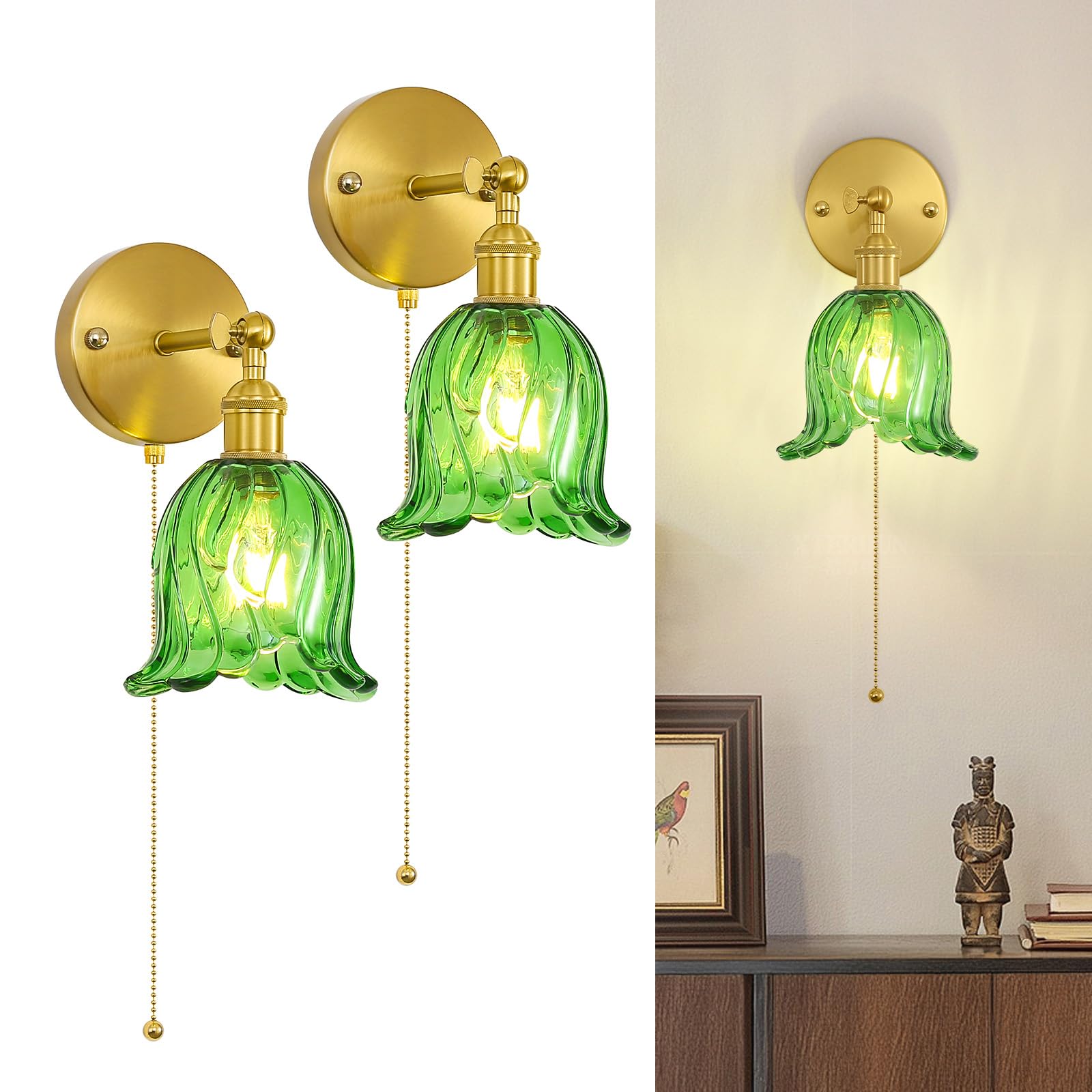 Photo 1 of Yunnix Wall Sconces Set of Two Vanity Lights Wall Sconces Bathroom Vintage Flower Lights with Switch Sconces Bedroom Light Bathroom Green Glass Light Living Room Green Pull Chain(Bulbs Not Included)