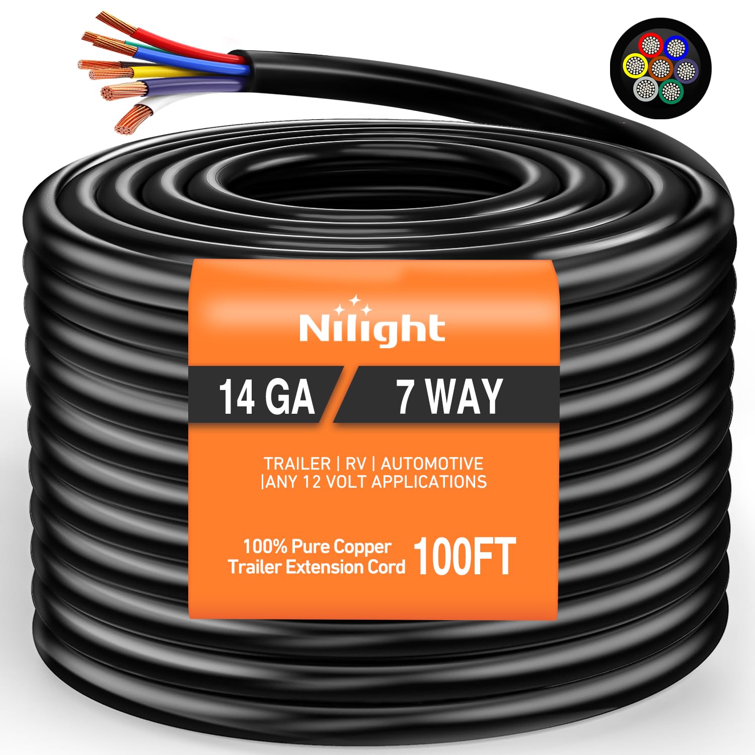 Nilight 100 Feet 7 Way Trailer Extension Cable Traditional SAE 14 Gauge 7 Conductor 100% Pure Copper Wire Insulated Heavy Duty Cord Weatherproof for 7 Pin Blade RV Automotive Image