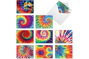 The Best Card Company - 10 Boxed Blank Note Cards Set with Envelopes (4 x 5.12 Inch), Tie Die Retro Fun Note Cards Assorted - To Dye For M6593OCB