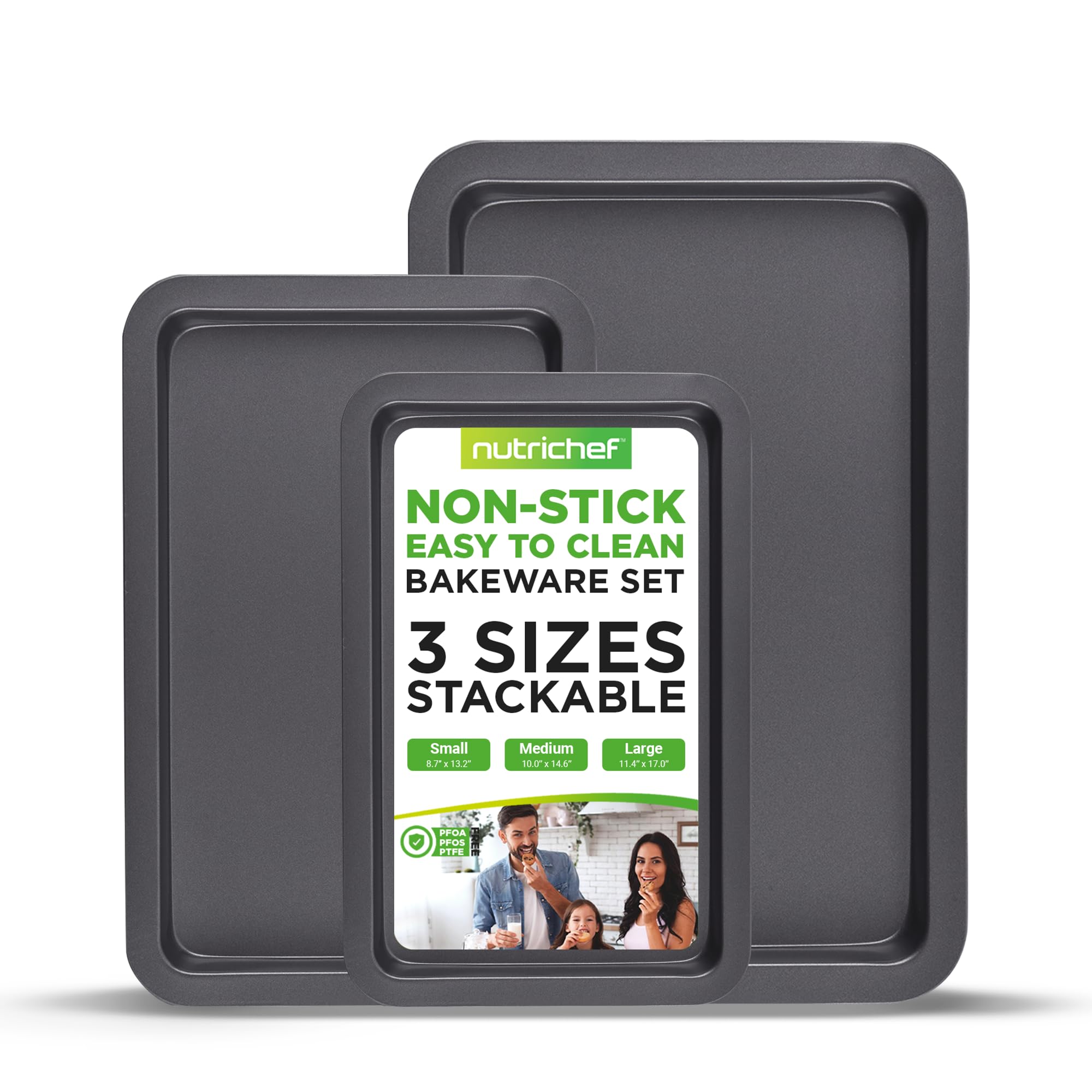 Photo 1 of NutriChef 3-Piece Non-Stick Cookie Sheets for Baking - Heavy Duty Steel Baking Sheet Pans for Toasters & Oven - Small, Medium, & Large Size Baking Trays - PFOS, PFOA, PTFE-Free Nonstick Coating
