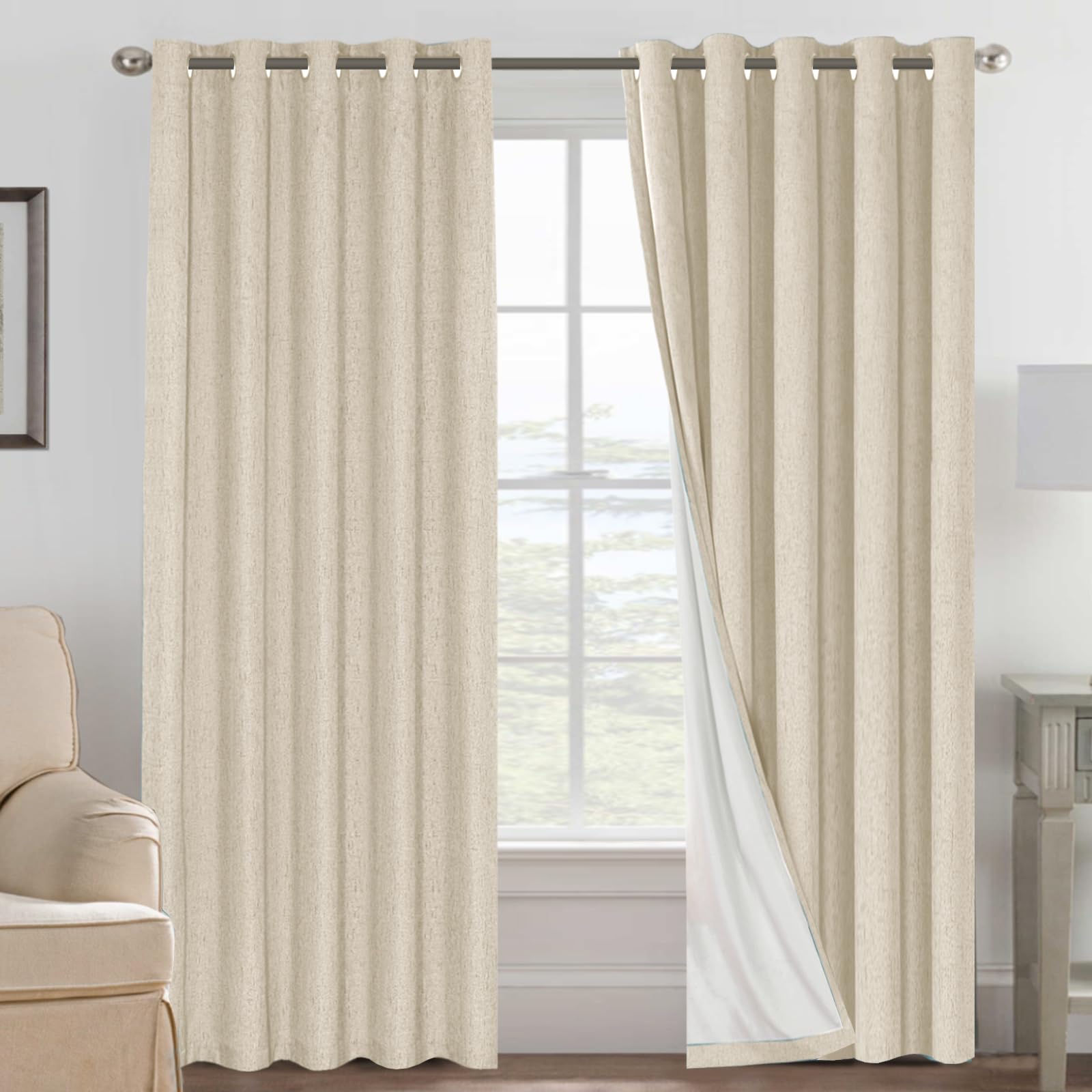 BellaHills 100% Blackout Curtains for Bedroom & Living Room, Eyelet Thermal Insulated Linen Textured Curtains, Heat & Full Light Blocking Drapes, 2 Panels Set, 66 x 90 Inch, Bleached Sand