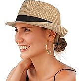 Creekstone Straw Fedora Sun Hat for Women Men Short Brim Panama Trilby Beach Hat Packable Summer Hat UPF 50+