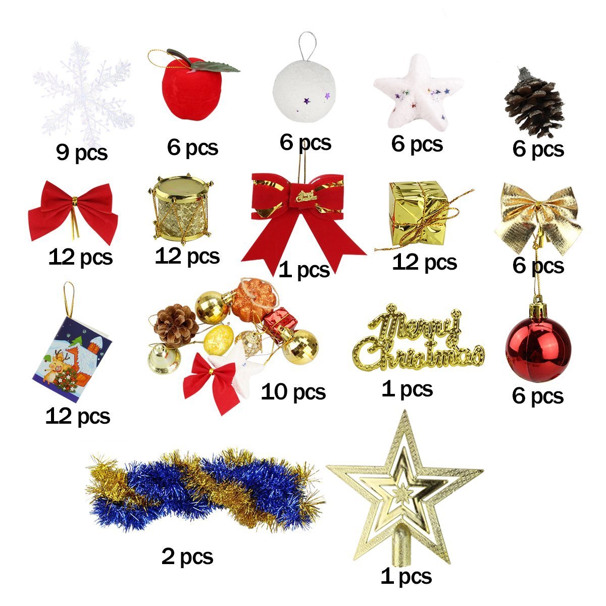 Pack of 108 Christmas Tree Ornaments Kit Assorted Christmas Ball Pandent For Christmas Party